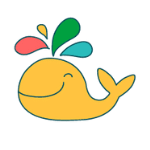 Doodle of yellow whale splashing colorful water