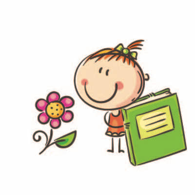 A doodle of a little girl holding a green book while admiring a pink flower
