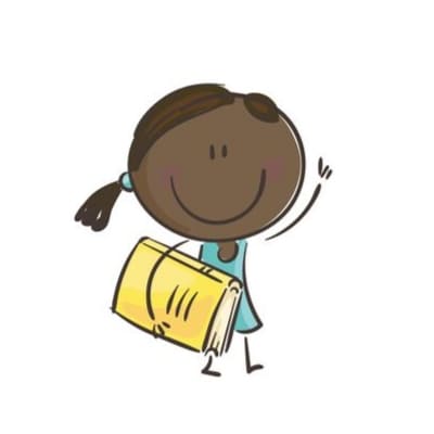 Doodle of a young girl walking while smiling and holding a large yellow book on her right hand