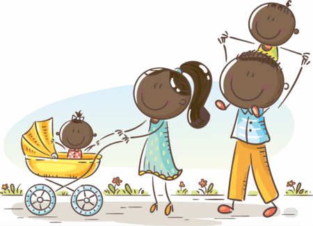 A doodle of a family of four walking down a path full of flowers while the dad carries the little boy on his shoulders and the mom pushes the baby carriage with the baby in it