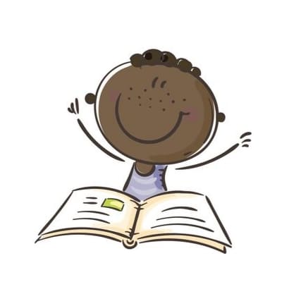 A doodle of a young boy raising his hands in happiness while learning from a book