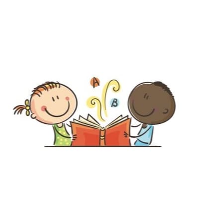 A doodle of a young girl and a young boy reading the ABCs together from a red book